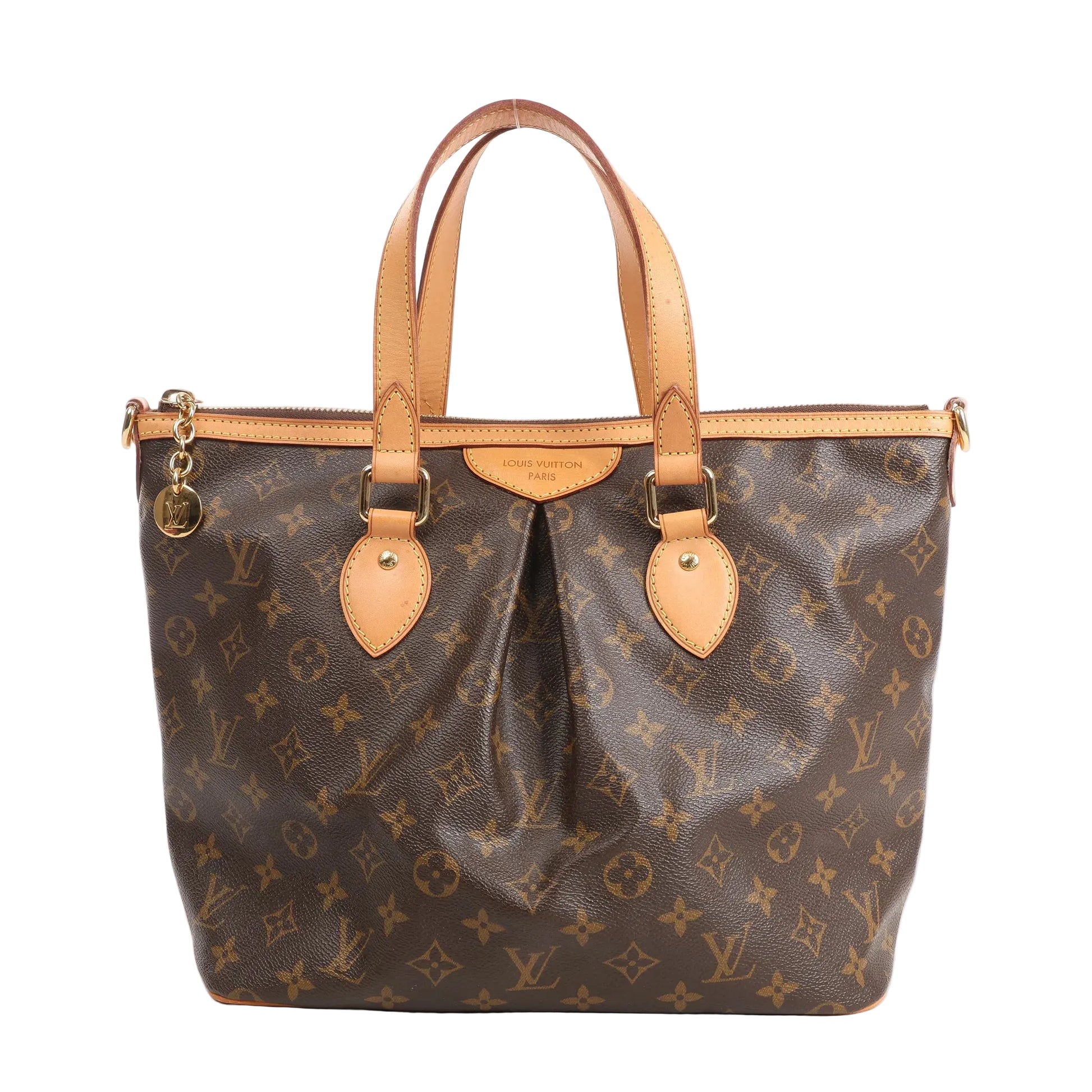 Louis Vuitton Palermo PM M40145 handbag in brown Monogram Canvas with natural leather handles and trim, pleated front design, top zipper closure, and gold-tone LV charm detail.