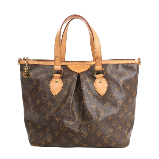 Louis Vuitton Palermo PM M40145 handbag in brown Monogram Canvas with natural leather handles and trim, pleated front design, top zipper closure, and gold-tone LV charm detail.