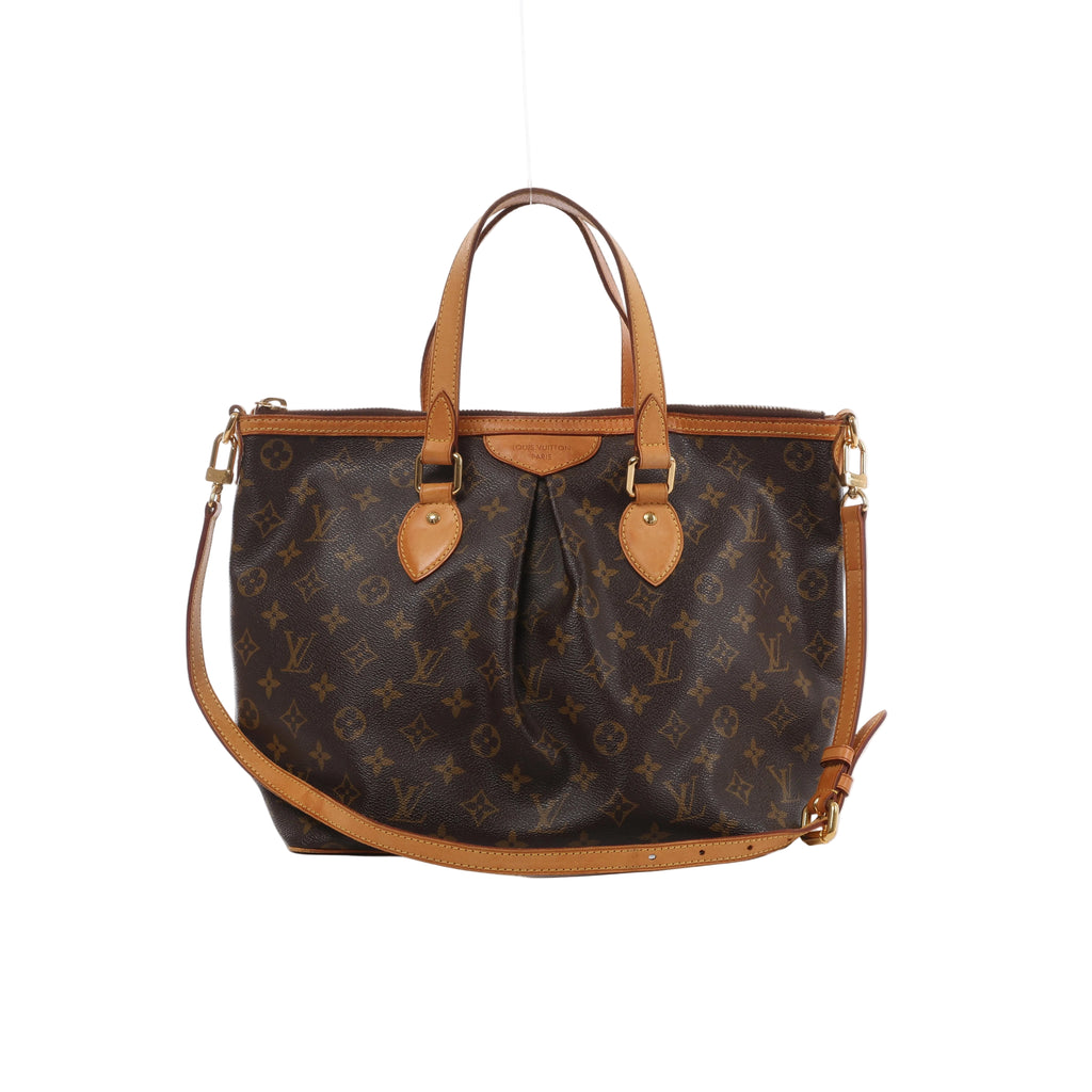 Brown Louis Vuitton Palermo PM Monogram canvas handbag with natural leather top handles, adjustable shoulder strap, pleated front and gold-tone hardware.