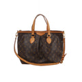 Brown Louis Vuitton Palermo PM Monogram canvas handbag with natural leather top handles, adjustable shoulder strap, pleated front and gold-tone hardware.
