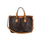 Brown Louis Vuitton Palermo PM Monogram canvas handbag with natural leather top handles, adjustable shoulder strap, pleated front and gold-tone hardware.