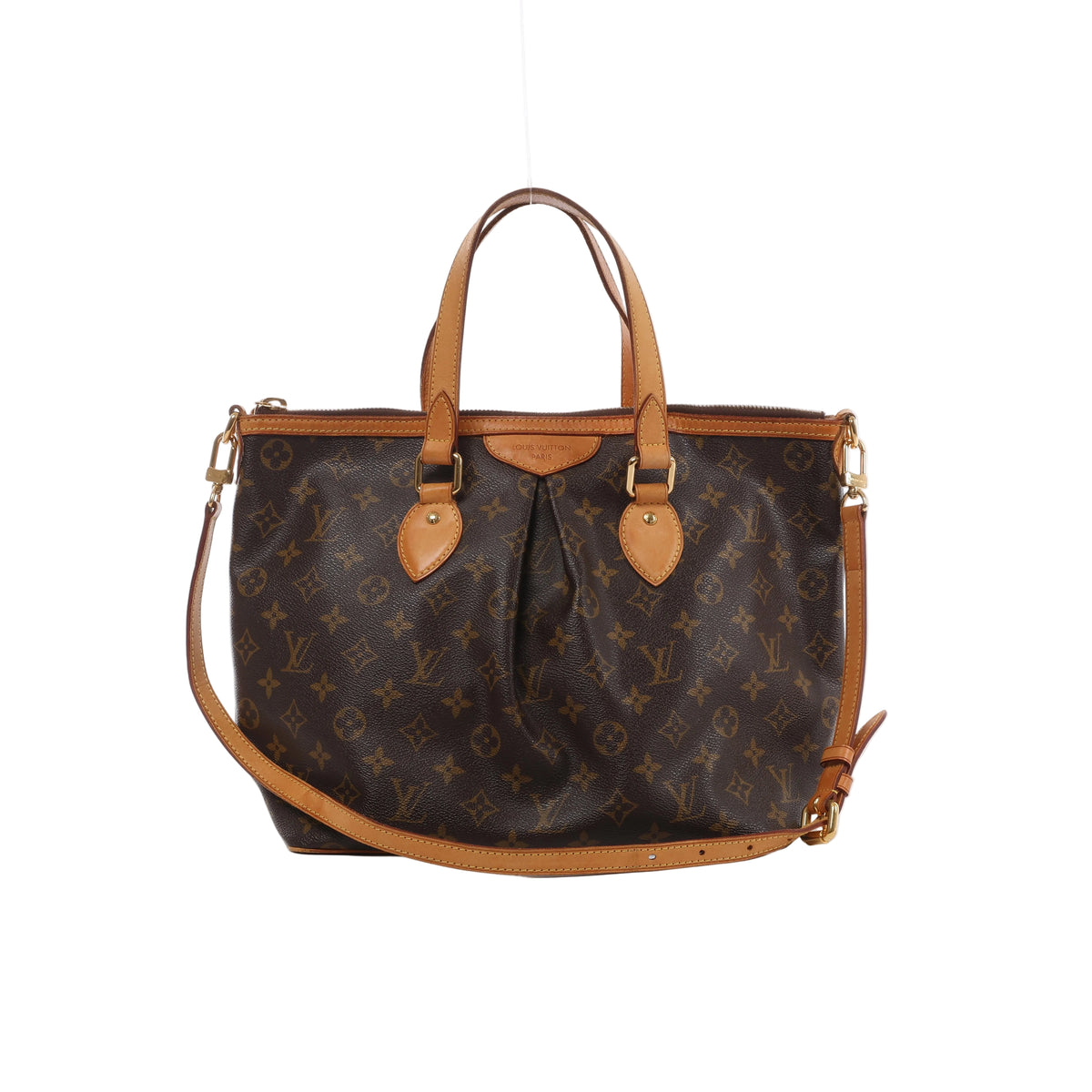 Brown Louis Vuitton Palermo PM Monogram canvas handbag with natural leather top handles, adjustable shoulder strap, pleated front and gold-tone hardware.