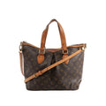 Louis Vuitton Palermo PM brown Monogram canvas handbag with natural leather top handles, detachable crossbody strap, and gold-tone hardware on white background