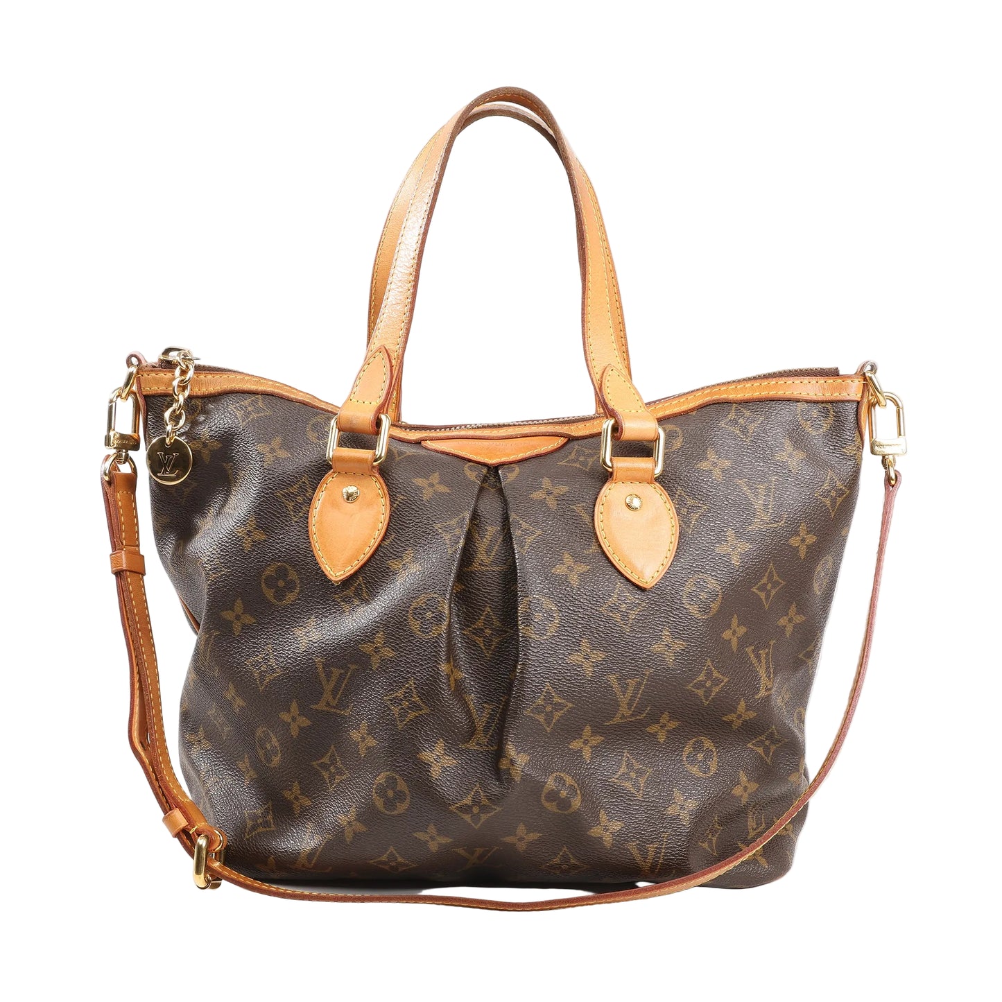 Louis Vuitton Palermo PM handbag in Monogram canvas with natural leather trim, gold-tone hardware, dual handles, and a detachable shoulder strap for versatile carrying options.