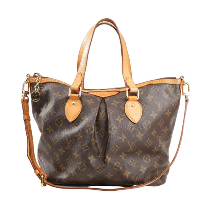 Louis Vuitton Palermo PM handbag in Monogram canvas with natural leather trim, gold-tone hardware, dual handles, and a detachable shoulder strap for versatile carrying options.