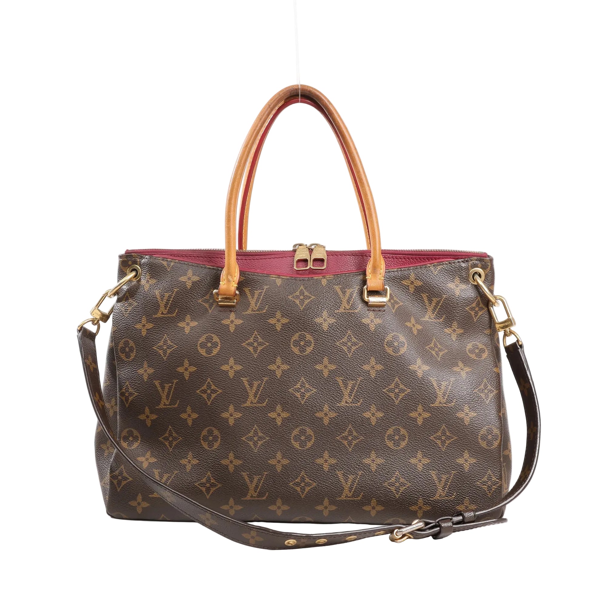 Louis Vuitton Pallas MM 2Way handbag featuring Monogram canvas with red leather trim, dual top handles, detachable shoulder strap, and gold-tone hardware.