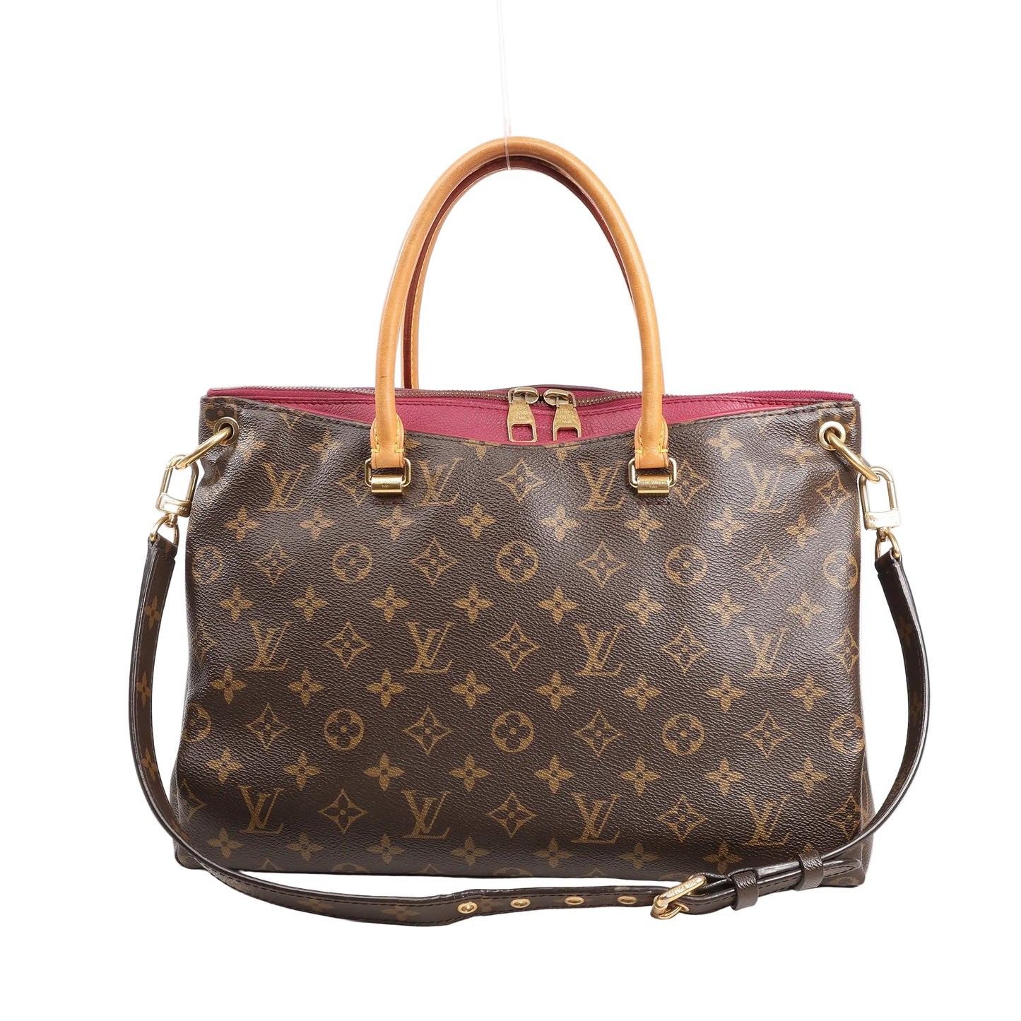 Louis Vuitton Pallas MM handbag in brown Monogram canvas with red calf leather trim, natural leather handles, gold-tone hardware, and detachable shoulder strap.