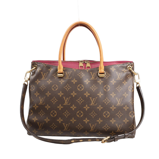 Louis Vuitton Pallas MM handbag in brown Monogram canvas with red calf leather trim, natural leather handles, gold-tone hardware, and detachable shoulder strap.