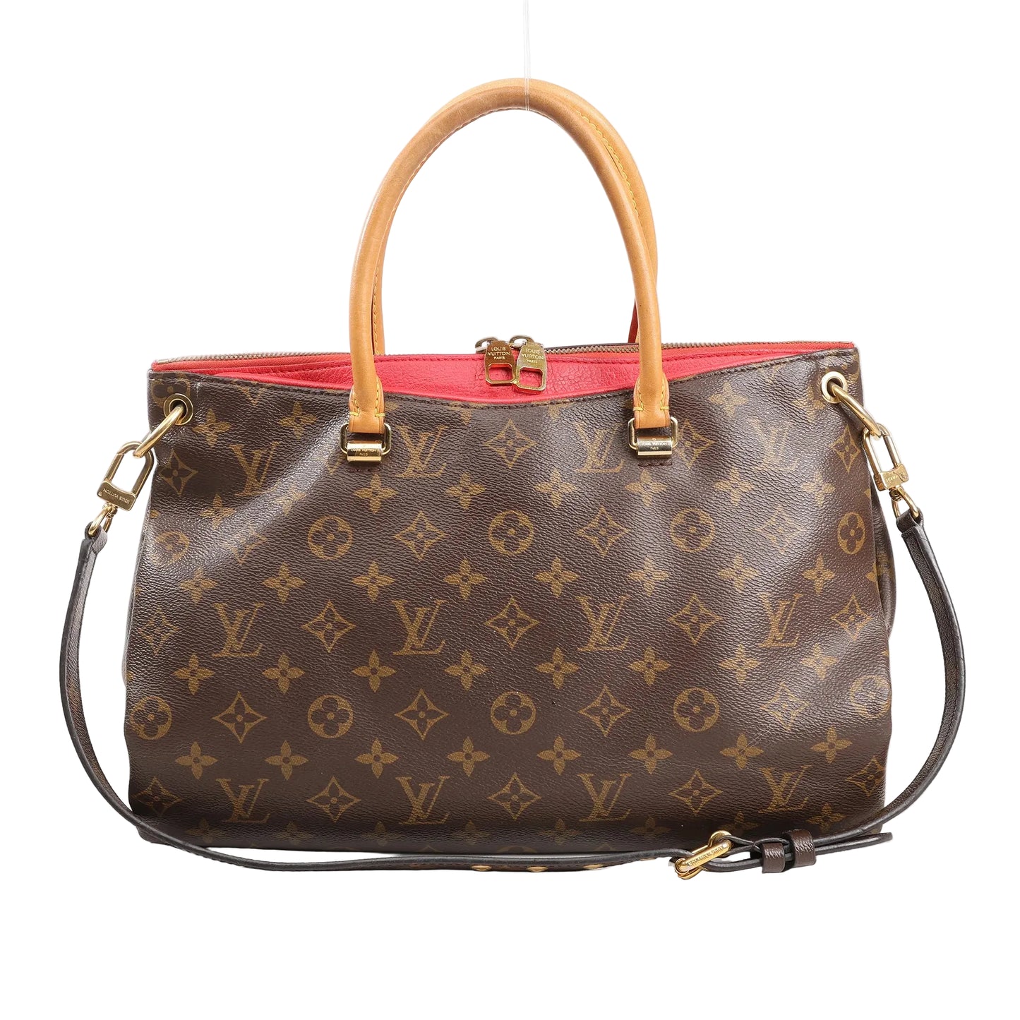Louis Vuitton Pallas MM 2Way handbag in brown Monogram canvas with red leather trim, natural leather handles, gold-tone hardware, and detachable shoulder strap, displayed on a white background.