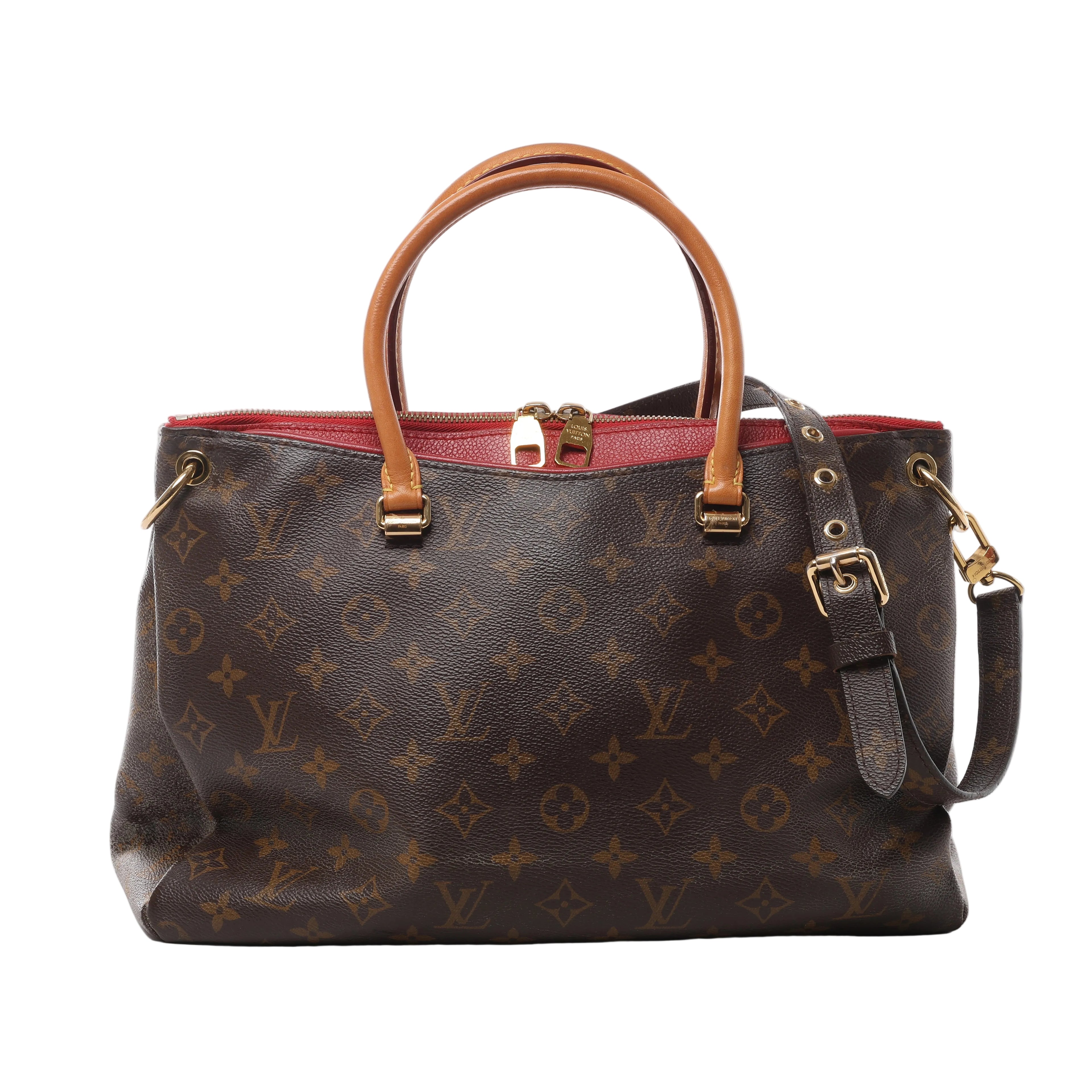 Brown Louis Vuitton Pallas Monogram canvas handbag with tan top handles, red leather trim, dark shoulder strap and gold-tone hardware.