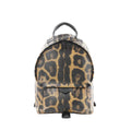 Louis Vuitton Palm Springs PM mini backpack in brown and black animal print with black top handle, double zip closure, and front zip pocket.