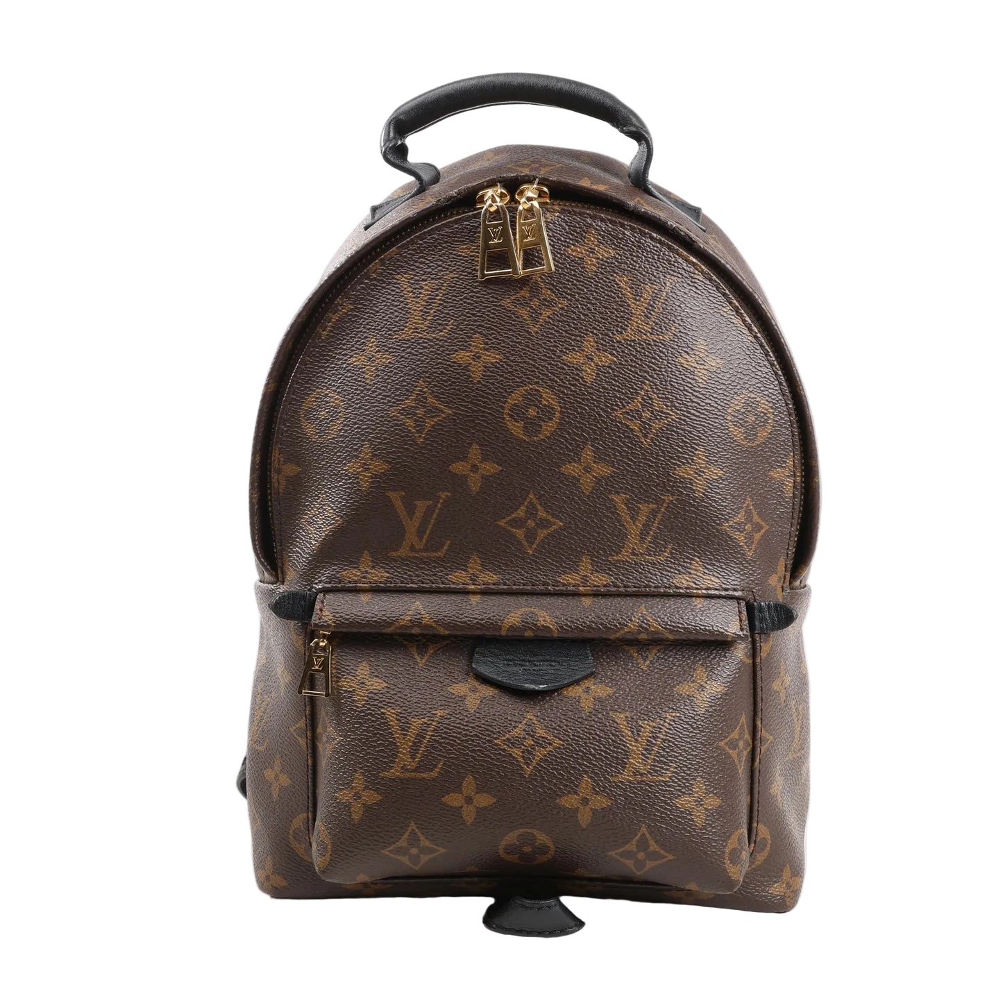 Louis Vuitton Palm Springs PM backpack in brown Monogram canvas featuring black leather trim, front zip pocket, top handle, and gold-tone double zipper pulls.