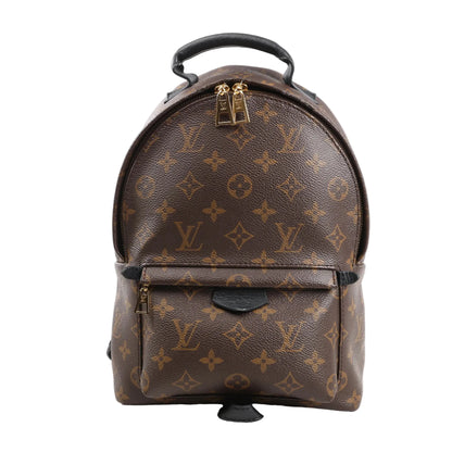 Louis Vuitton Palm Springs PM backpack in brown Monogram canvas featuring black leather trim, front zip pocket, top handle, and gold-tone double zipper pulls.