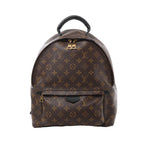 Brown Louis Vuitton Palm Springs MM Monogram backpack with a black leather top handle, rounded double zip closure and front zip pocket with gold-tone pulls.