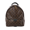 Brown Louis Vuitton Palm Springs MM Monogram backpack with a black leather top handle, front zip pocket and gold-tone double zip pulls.