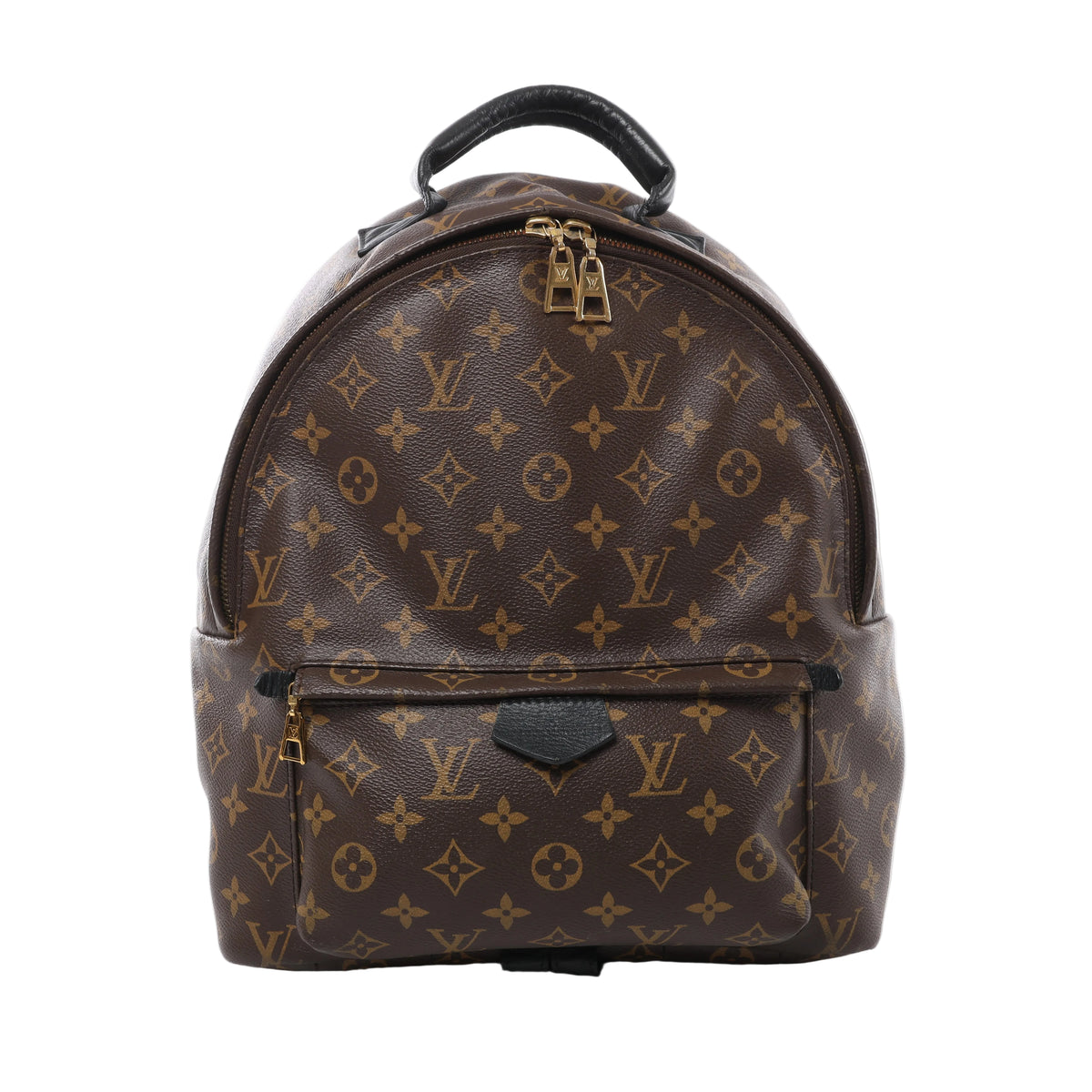 Brown Louis Vuitton Palm Springs MM Monogram backpack with a black leather top handle, front zip pocket and gold-tone double zip pulls.
