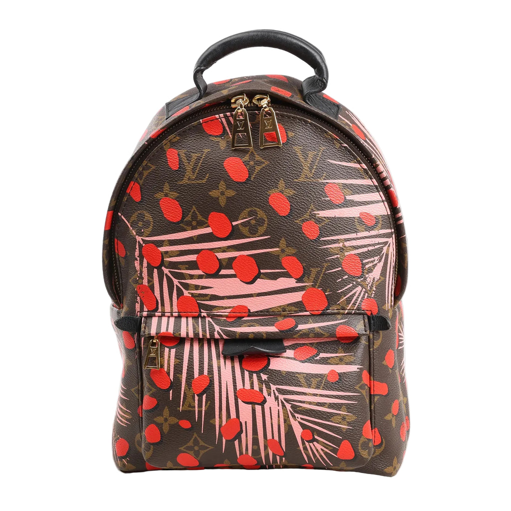Louis Vuitton Palm Springs PM backpack in brown Monogram canvas with pink palm leaf and red dot Jungle Dots print, gold-tone zippers, and top handle design.