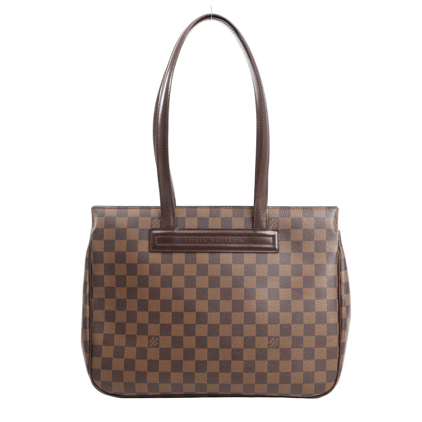 Louis Vuitton Parioli PM shoulder bag in brown Damier Ebene canvas with dark brown leather trim, featuring dual flat shoulder straps and a structured silhouette.