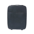 Front view of a black Louis Vuitton Pegase 45 Taiga leather rolling travel bag with zip closure, front pocket and visible wheels on a white background.
