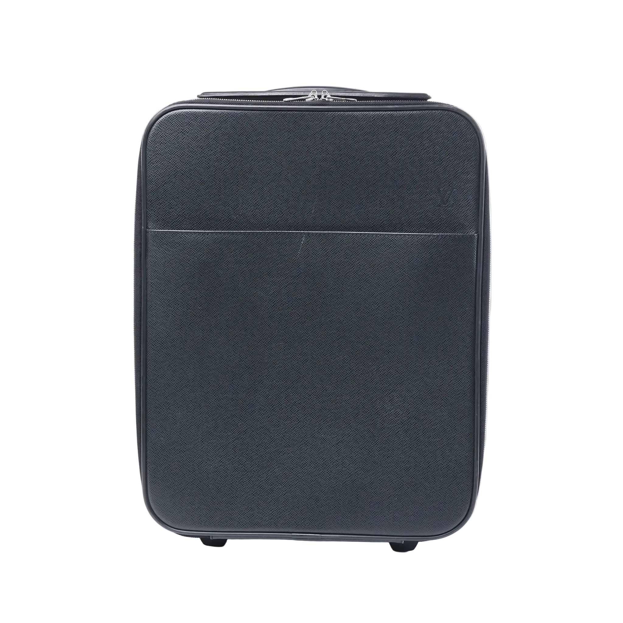 Front view of a black Louis Vuitton Pegase 45 Taiga leather rolling travel bag with zip closure, front pocket and visible wheels on a white background.