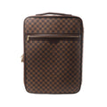 Brown Louis Vuitton Pegase 55 travel bag in Damier Ebene checkered canvas with dark leather trim, top handle, front zip pocket and gold-tone zippers.