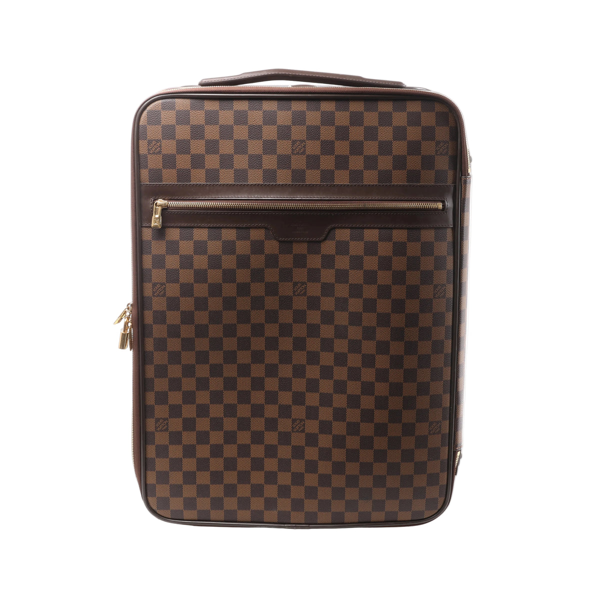 Brown Louis Vuitton Pegase 55 travel bag in Damier Ebene checkered canvas with dark leather trim, top handle, front zip pocket and gold-tone zippers.