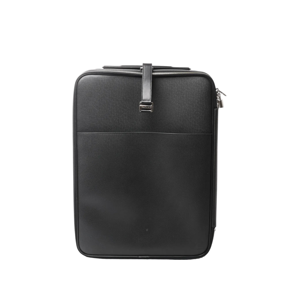 Black Louis Vuitton Pegase 55 Taiga leather travel bag with wraparound zipper, leather strap detail with metal logo plaque, and structured rectangular shape, front view on white background.