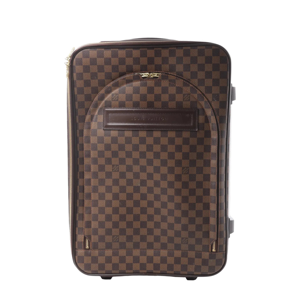 Louis Vuitton Pegase 60 upright travel bag in brown Damier Ebene checkered canvas with leather trim, gold-tone zips and a curved front pocket.