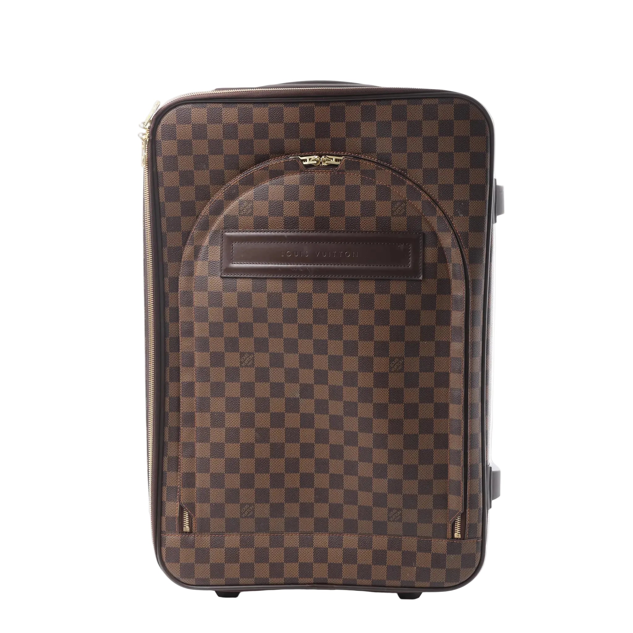 Louis Vuitton Pegase 60 upright travel bag in brown Damier Ebene checkered canvas with leather trim, gold-tone zips and a curved front pocket.
