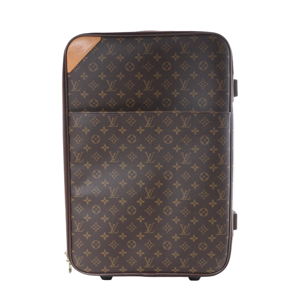 Louis Vuitton Pegas 60 brown Monogram canvas rolling suitcase with tan leather corner trim and black wheels, front view.