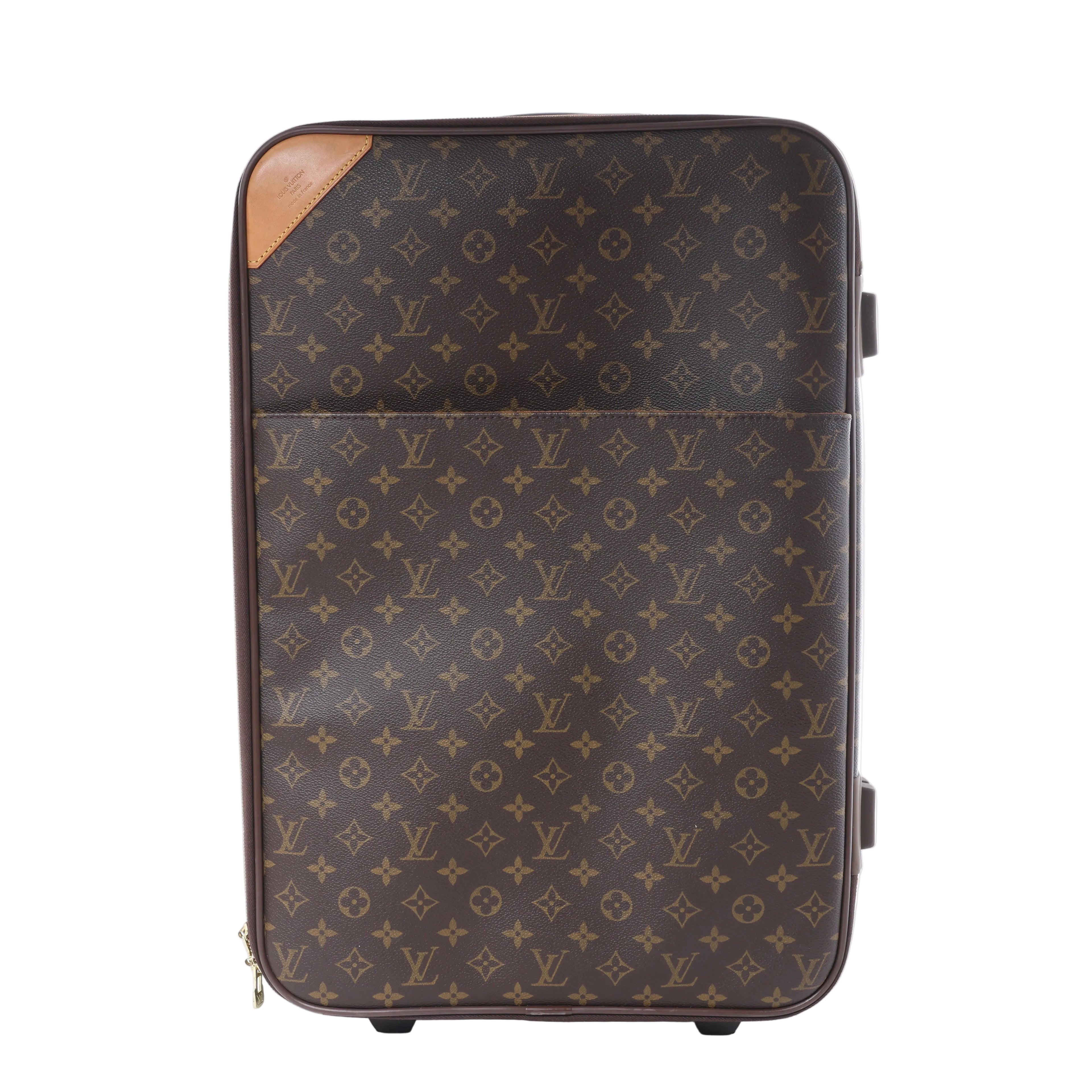 Louis Vuitton Pegas 60 brown Monogram canvas rolling suitcase with tan leather corner trim and black wheels, front view.