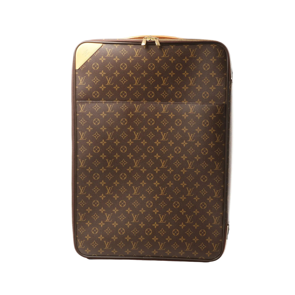 Louis Vuitton Pegase 65 rolling travel bag in brown Monogram canvas with zip closure and tan leather corner detail, front view on a white background.