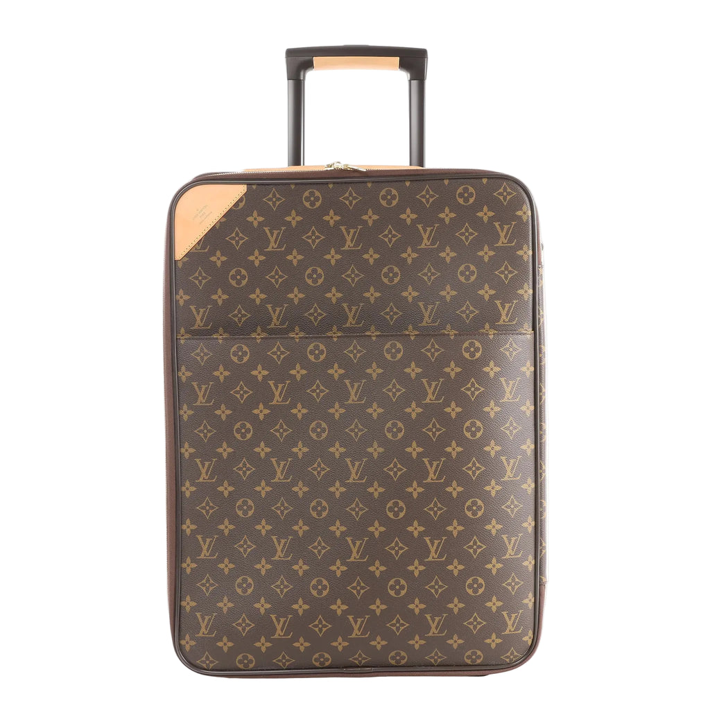 Louis Vuitton Monogram canvas rolling suitcase with telescopic handle, zip-around closure, and tan leather corner trim