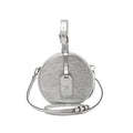 Front view of Louis Vuitton Petite Boîte Chapeau in silver Epi leather with buckled top handle, LV luggage tag and matching crossbody strap.