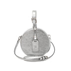 Front view of Louis Vuitton Petite Boîte Chapeau in silver Epi leather with buckled top handle, LV luggage tag and matching crossbody strap.