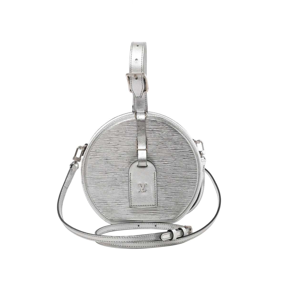 Front view of Louis Vuitton Petite Boîte Chapeau in silver Epi leather with buckled top handle, LV luggage tag and matching crossbody strap.