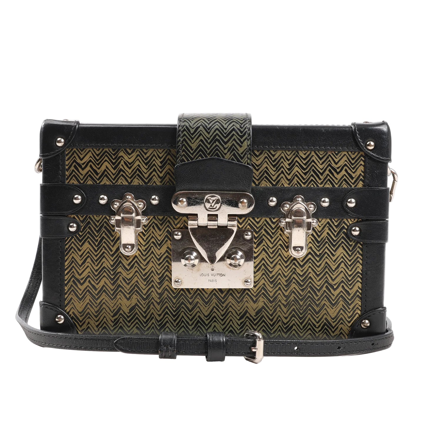 Louis Vuitton Petite Malle shoulder bag in gold and black Epi leather with chevron pattern, silver-tone trunk hardware, and black leather trim. Model M51928.