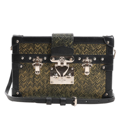 Louis Vuitton Petite Malle shoulder bag in gold and black Epi leather with chevron pattern, silver-tone trunk hardware, and black leather trim. Model M51928.