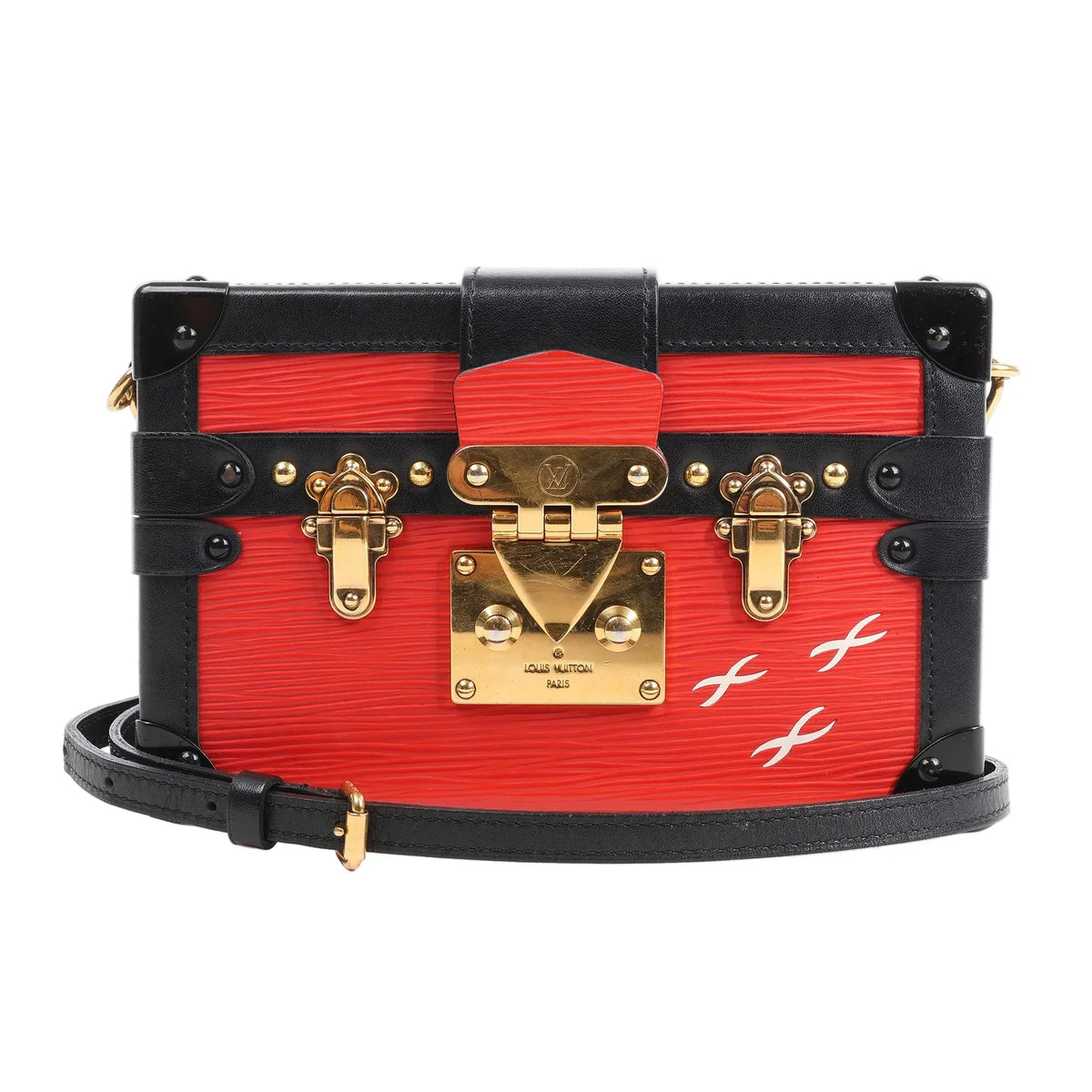 Louis Vuitton Petite Malle shoulder bag in red Epi leather with black leather trim, gold-tone trunk-style hardware, white printed accents, and adjustable black leather strap, displayed against a white background.