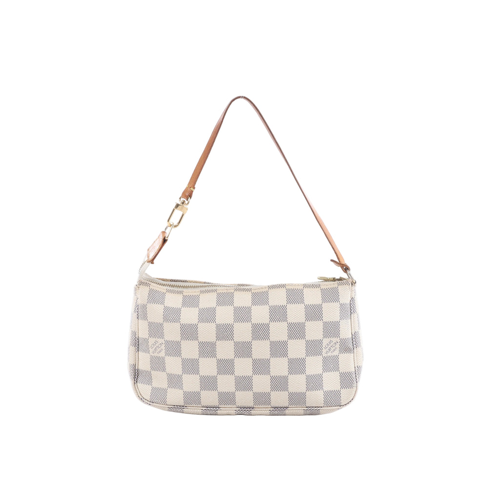 Louis Vuitton Pochette Accessoire in beige and white Damier Azur canvas with tan leather shoulder strap, top zip closure and gold-tone hardware.