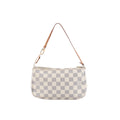 Louis Vuitton Pochette Accessoire in beige and white Damier Azur canvas with tan leather shoulder strap, top zip closure and gold-tone hardware.