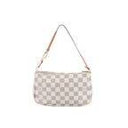 Louis Vuitton Pochette Accessoire in beige and white Damier Azur canvas with tan leather shoulder strap, top zip closure and gold-tone hardware.