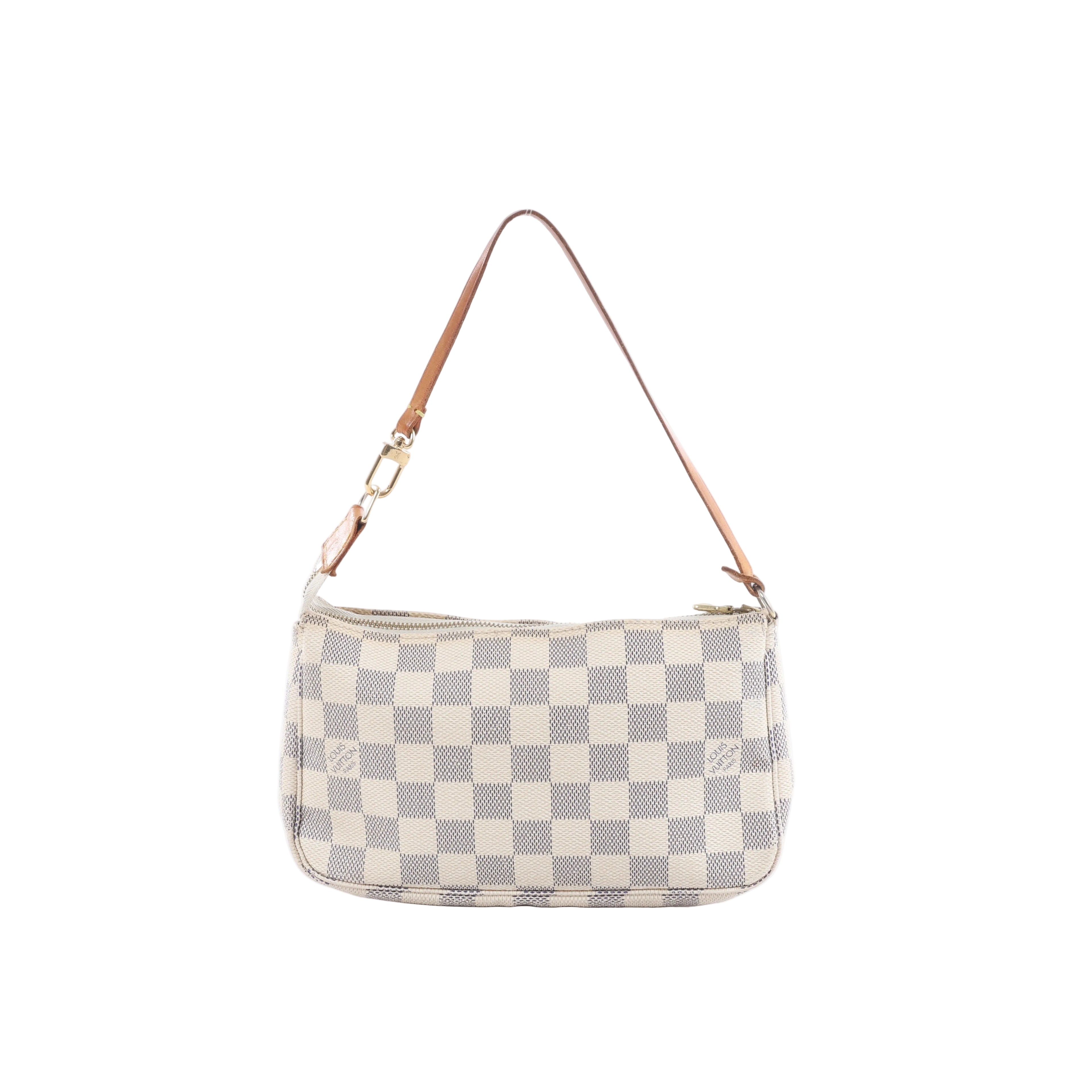 Louis Vuitton Pochette Accessoire in beige and white Damier Azur canvas with tan leather shoulder strap, top zip closure and gold-tone hardware.