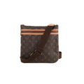 Brown Louis Vuitton Pochette Bosphore Monogram canvas crossbody bag with tan leather trim, front zip pocket and adjustable dark brown textile strap.