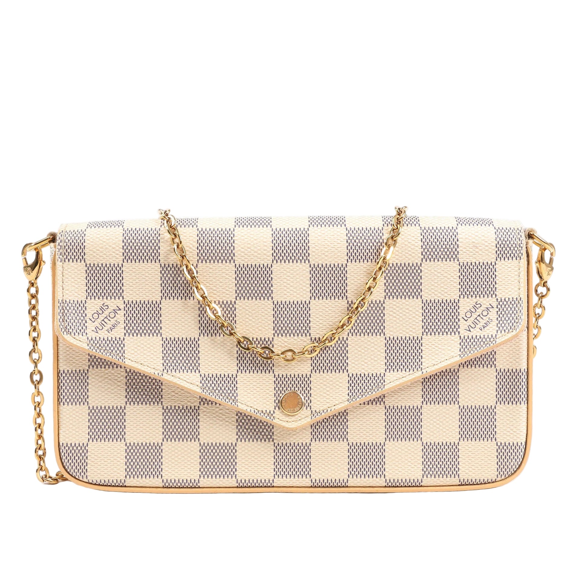 Front view of a Louis Vuitton Pochette Félicie crossbody bag in beige Damier Azur canvas, featuring an envelope-style flap, gold-tone button snap, and detachable gold chain strap.