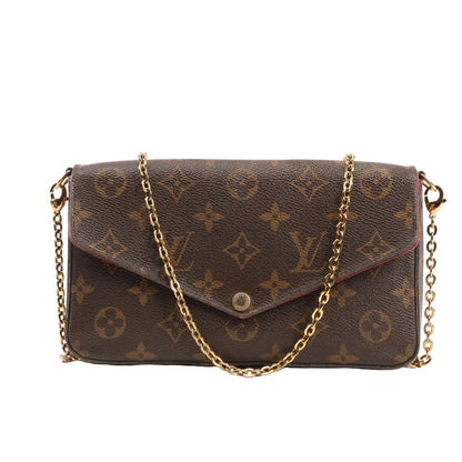 Louis Vuitton Monogram Pochette Félicie crossbody bag in brown canvas with envelope flap, gold-tone chain strap, and signature LV monogram print.