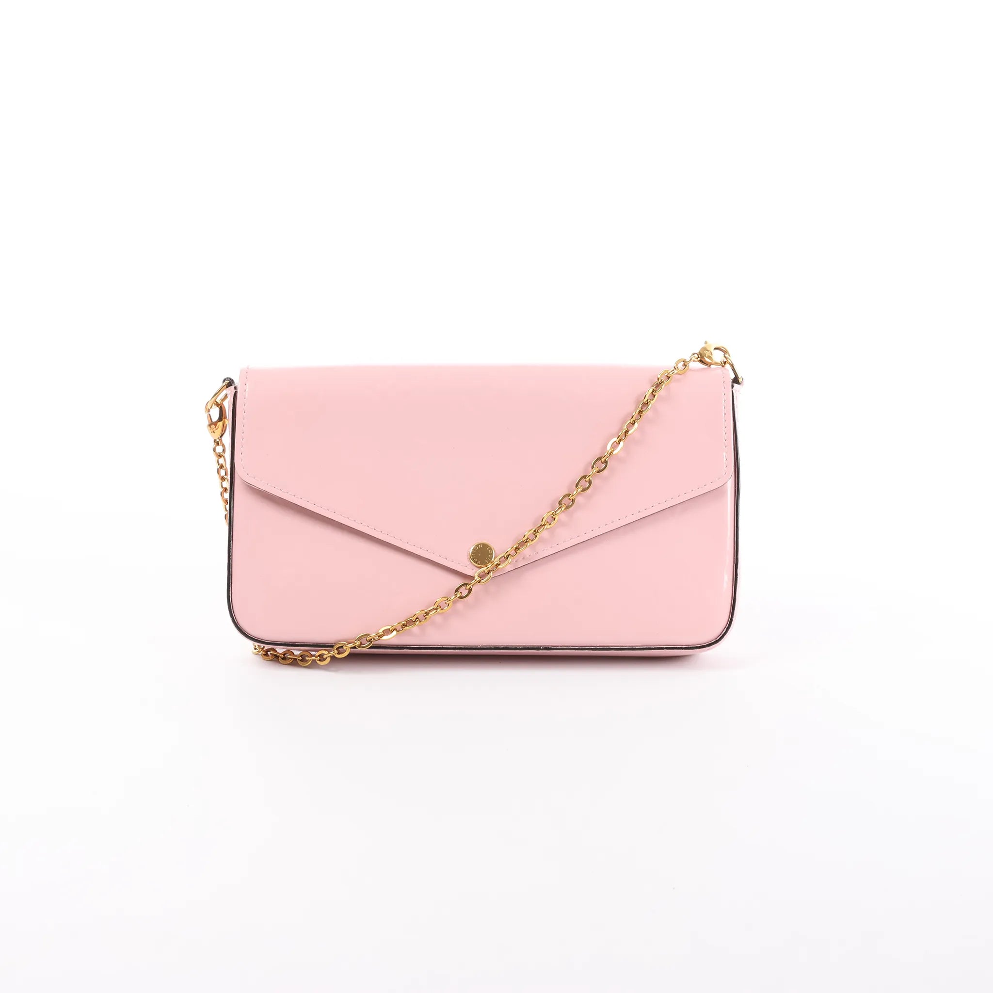 Pink Louis Vuitton vernis leather Pochette Félicie crossbody bag with envelope flap, gold-tone chain strap, and snap-button closure.
