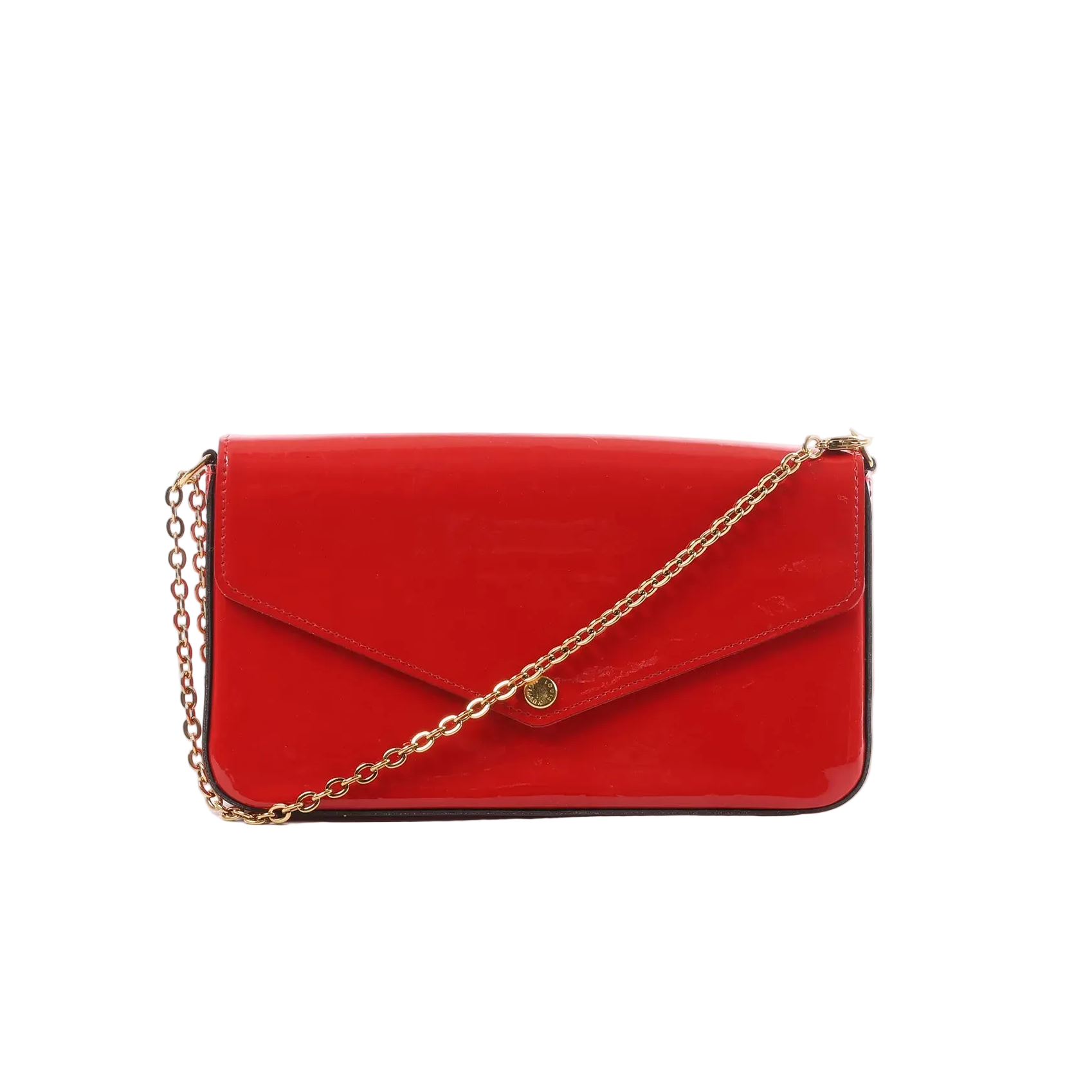 Red Louis Vuitton vernis leather Pochette Félicie crossbody bag with envelope flap, gold-tone chain strap, and snap-button closure.