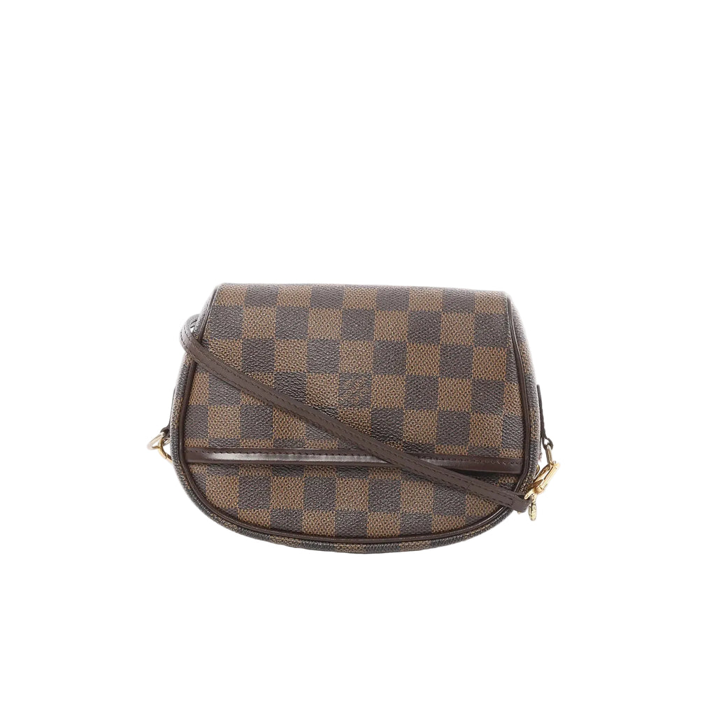 Louis Vuitton Ipanema Pochette crossbody bag in brown Damier Ebene checkered canvas with front flap, slim brown strap, and gold-tone hardware.