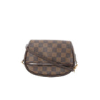 Louis Vuitton Ipanema Pochette crossbody bag in brown Damier Ebene checkered canvas with front flap, slim brown strap, and gold-tone hardware.